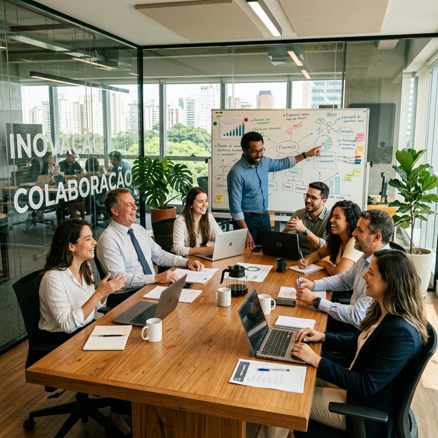 Nossa equipe colaborando em reunião