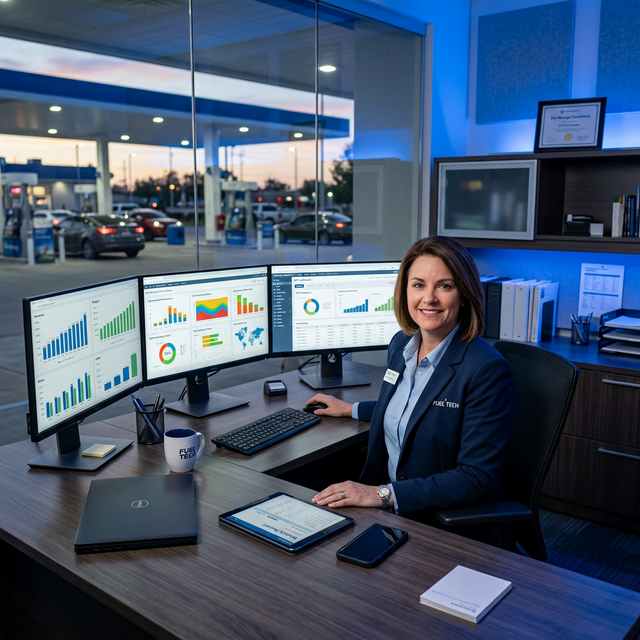 Gerente de posto em backoffice moderno com múltiplos monitores exibindo dashboard Petros